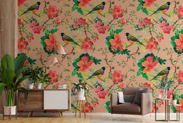 Elegant living room accent wall wallpaper with colorful birds and bold floral botanical design