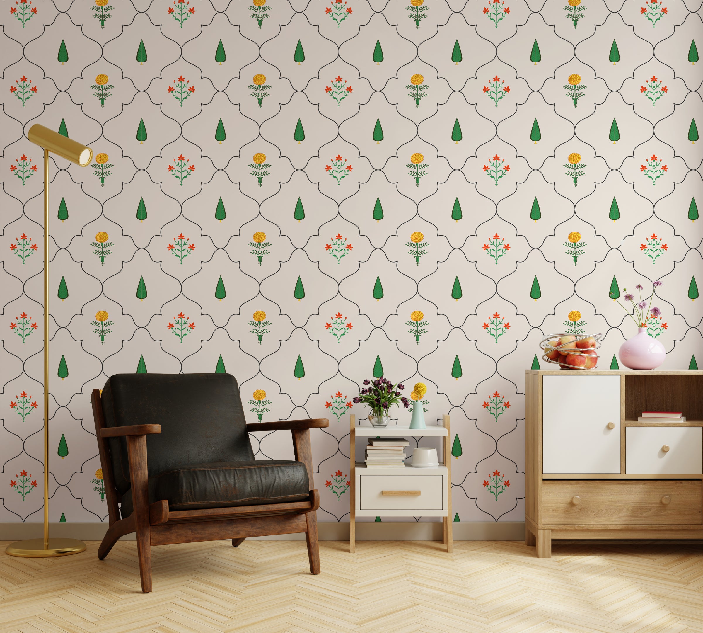 Elegant floral trellis wallpaper with green leaves and orange blooms for home office