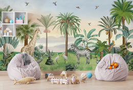Tropical animal wallpaper with zebra, elephant, palm trees for playful kids room