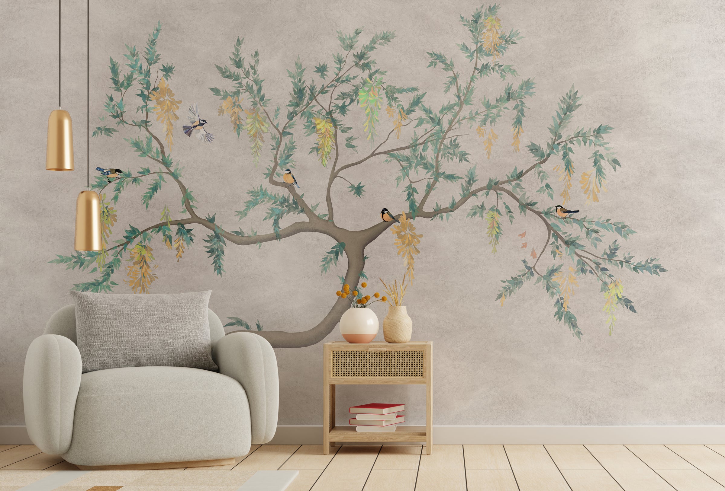 Flowering Tree Birds Japandi Wallpaper | Beige Peel-and-Stick Nature Mural