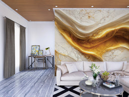 Artistic gold marble mural bringing luxury vibe to contemporary lounge accent wall