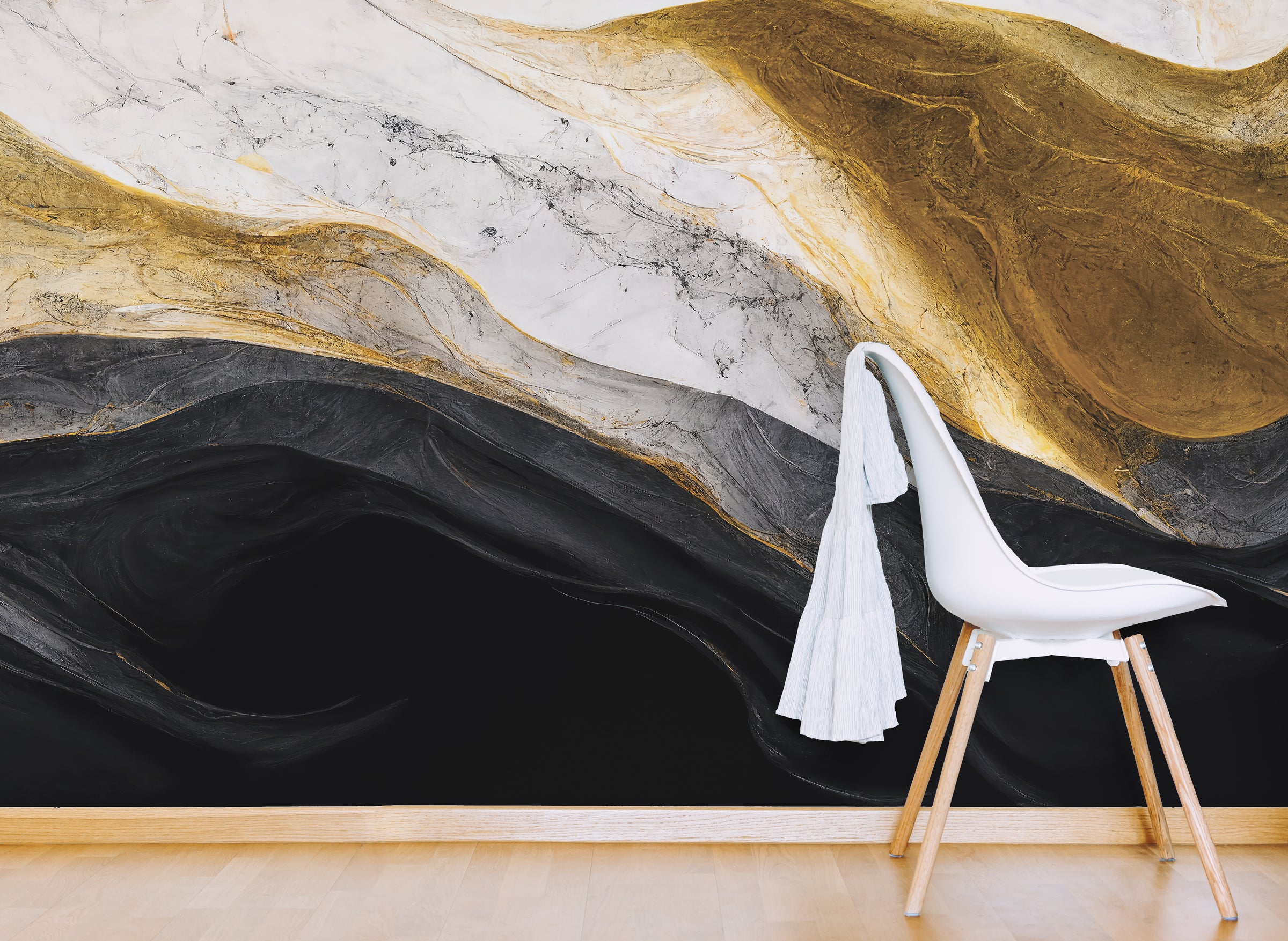 Modern dining room wallpaper showcasing black gold fluid marble pattern statement wall design