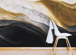 Modern dining room wallpaper showcasing black gold fluid marble pattern statement wall design