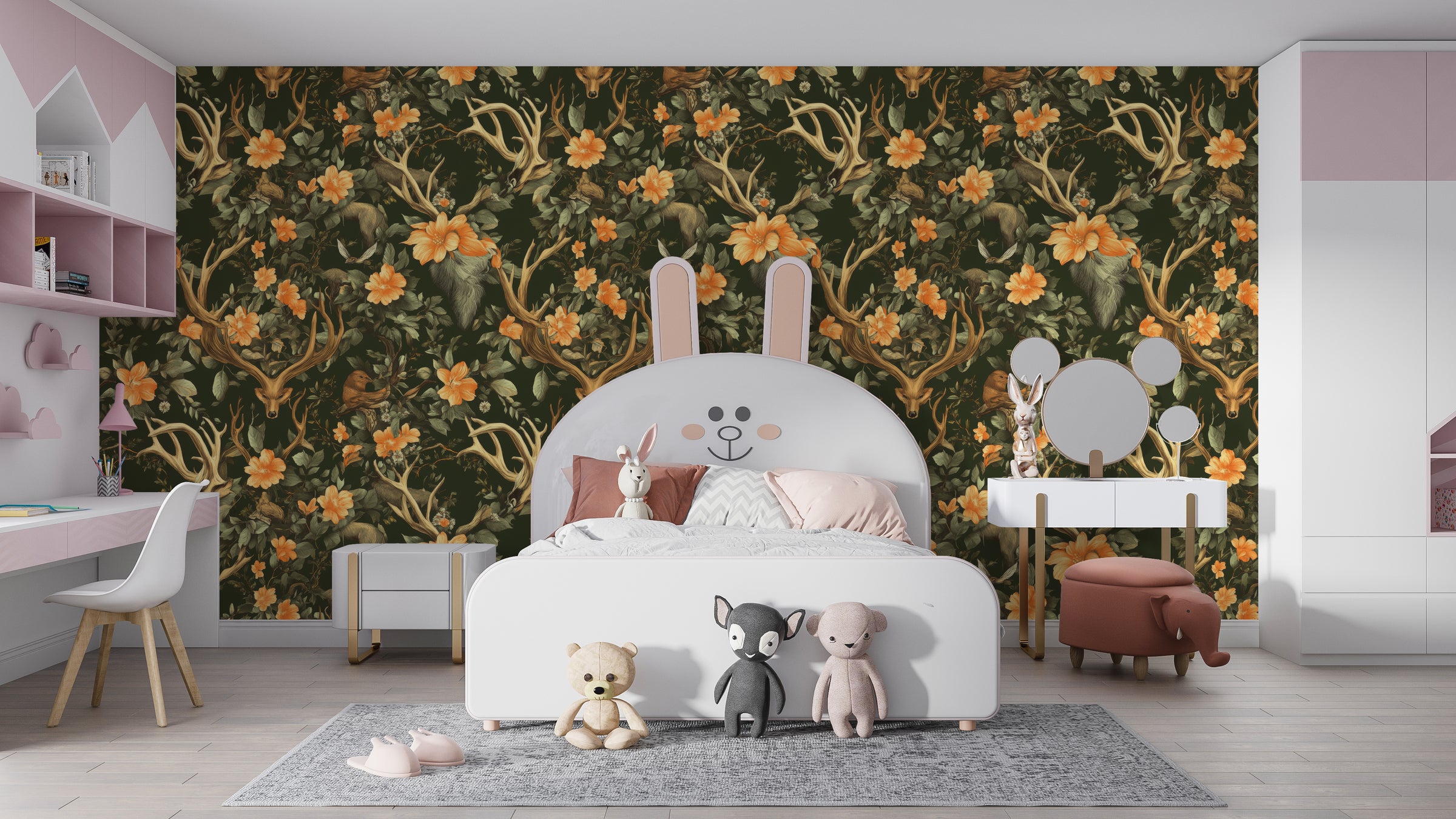 Woodland animal wallpaper with deer, fox, orange florals, dark green kids bedroom decor