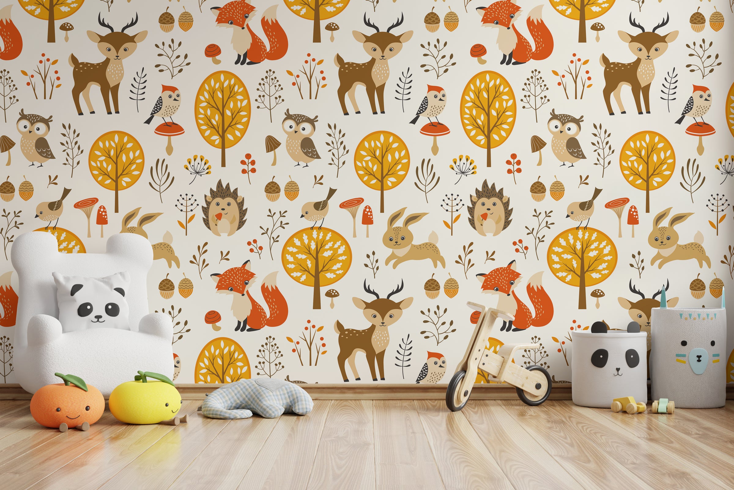 Autumn woodland wallpaper with fox owl deer playful pattern kids playroom