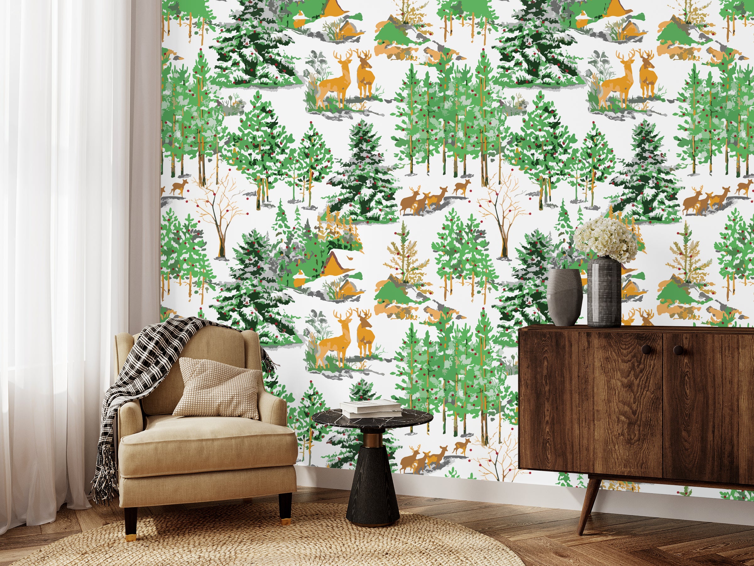 Forest deer wallpaper mural with natural green palette, home office feature wall decor