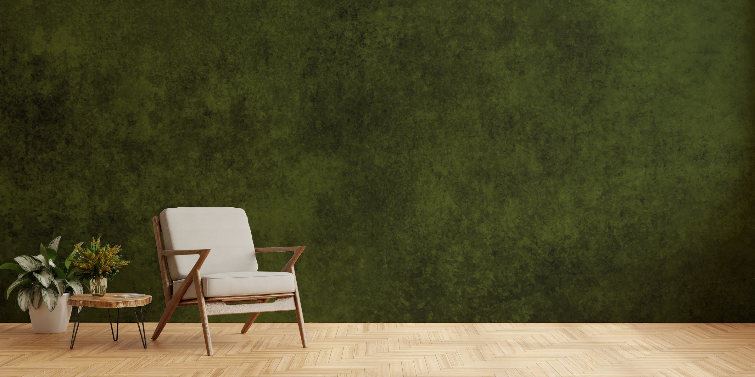 Rich dark green textured wallpaper creating bold statement in contemporary office interior