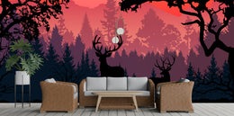 Vibrant sunset forest scene with deer silhouettes, enhancing modern living room walls