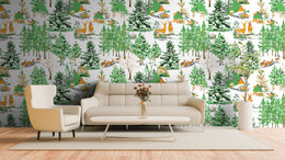 Deer forest wallpaper mural in green tones, modern bedroom statement wall decor
