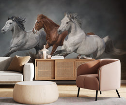 Striking bedroom wall decor featuring running horses wall mural with dynamic trio scene in natural shades, ideal for masculine decor theme