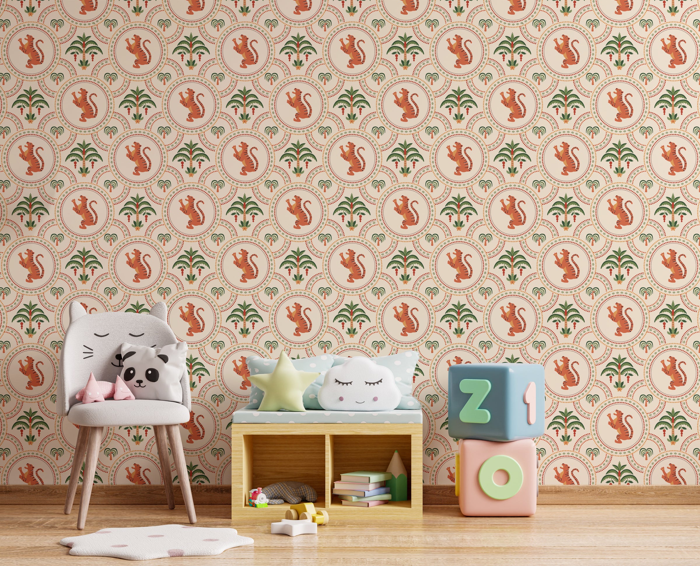 Tiger Jungle Peel and Stick Wallpaper | Terracotta And Green Safari Art | Vintage Style | Kids Room