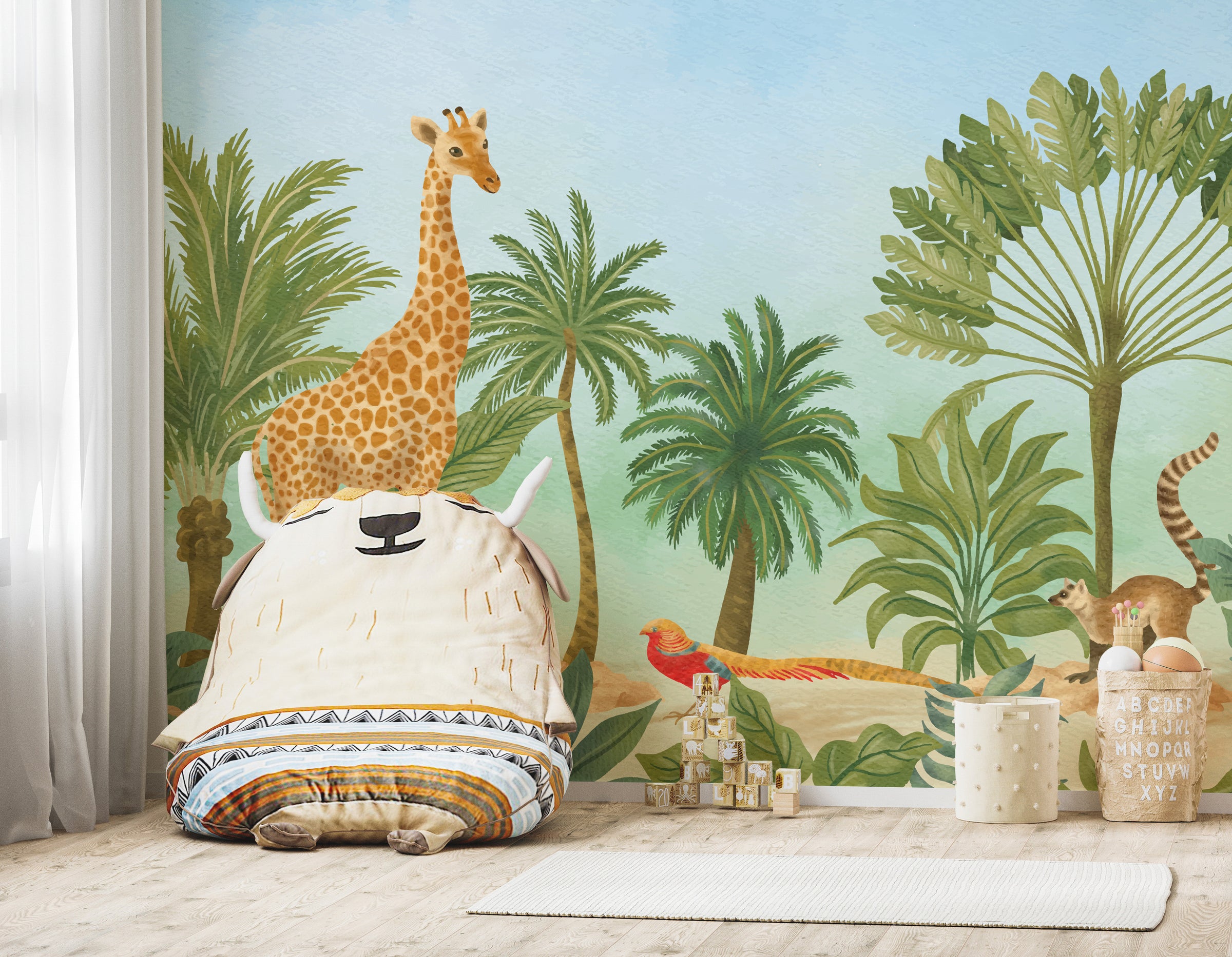 Jungle animal wall mural with giraffe, palm trees, green tones for kids bedroom decor
