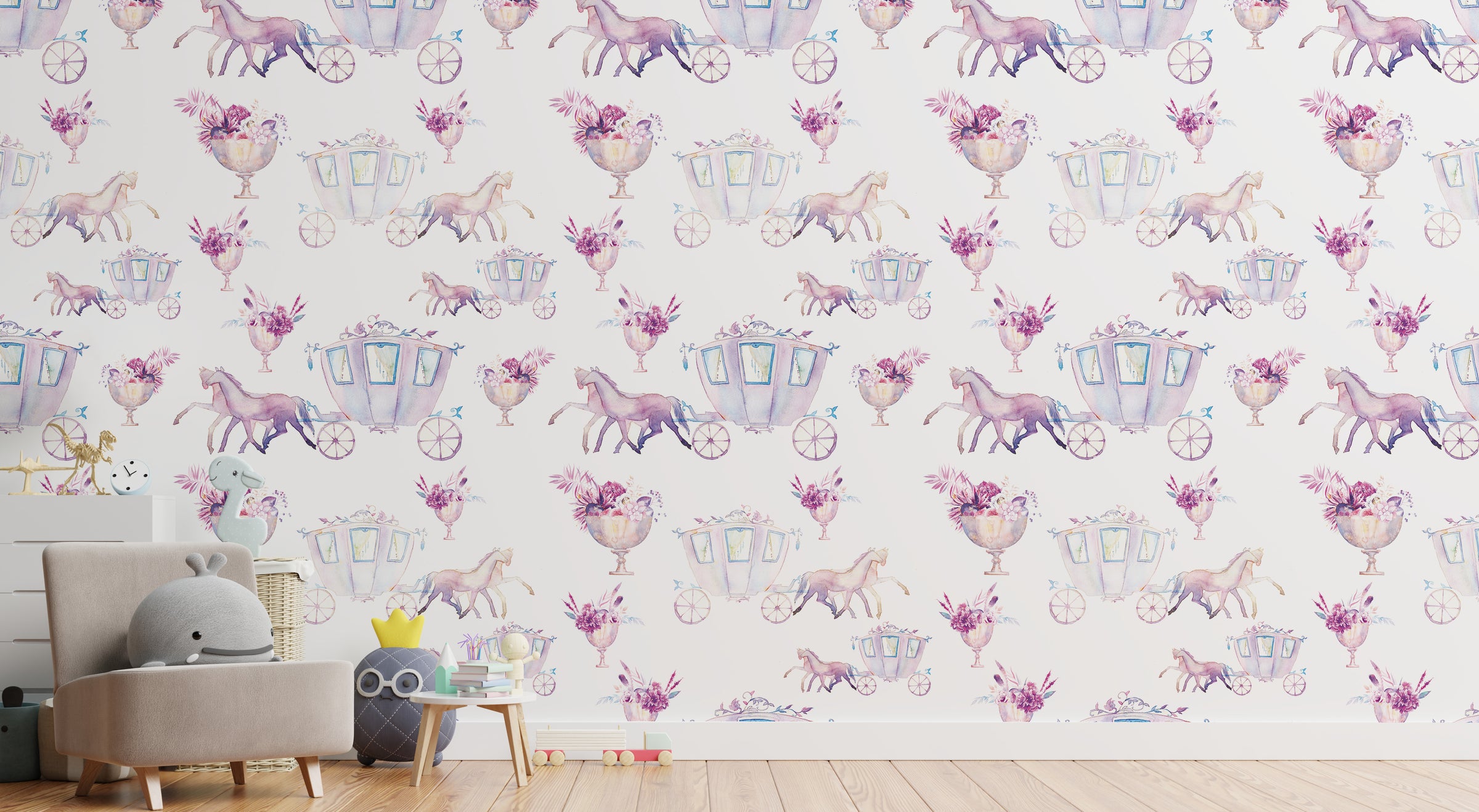 Princess carriage wallpaper with pastel horses, pink nursery wall decor aesthetic