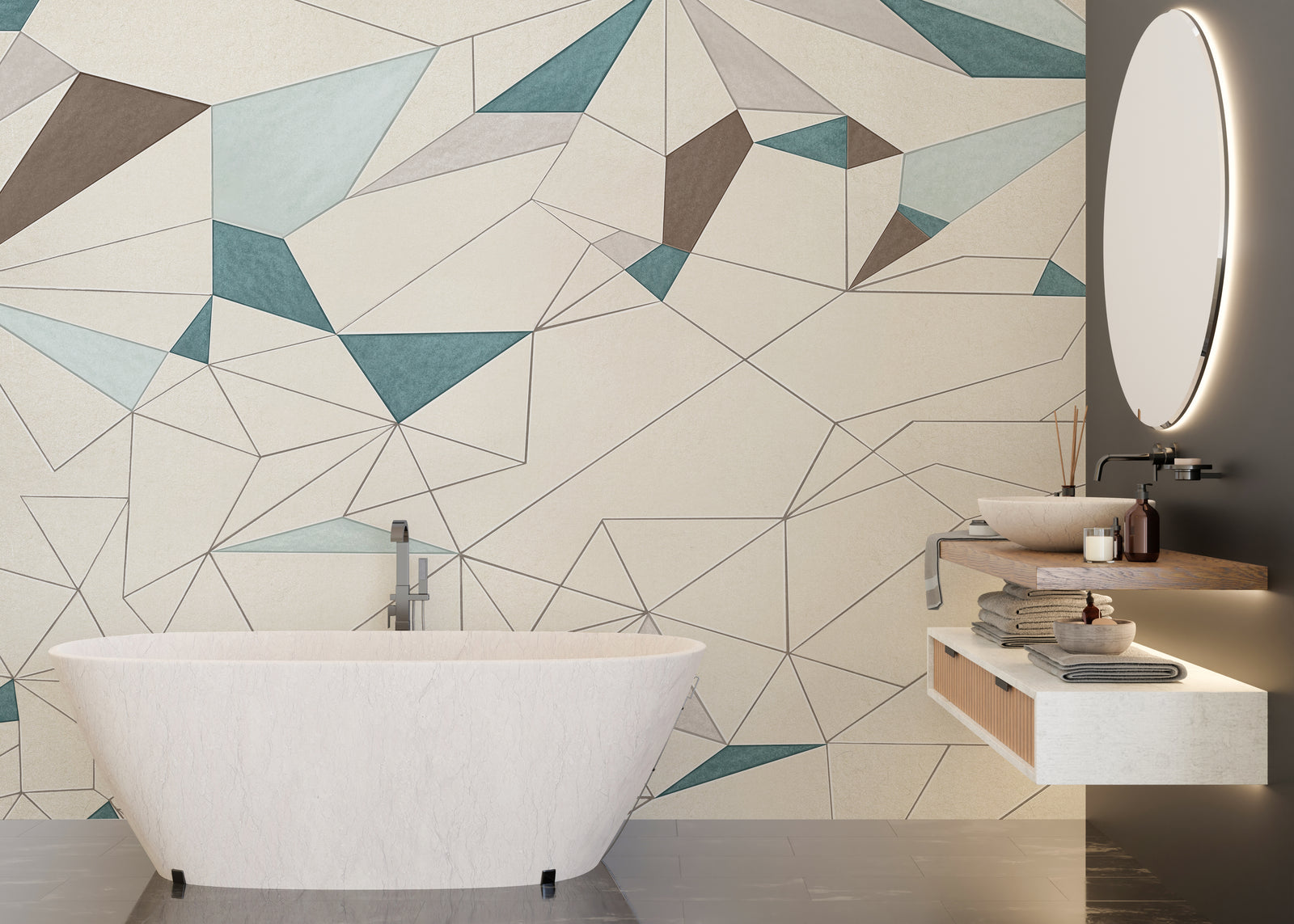 Abstract Geometric Wall Covering | Teal Beige Removable Modern Wallpaper