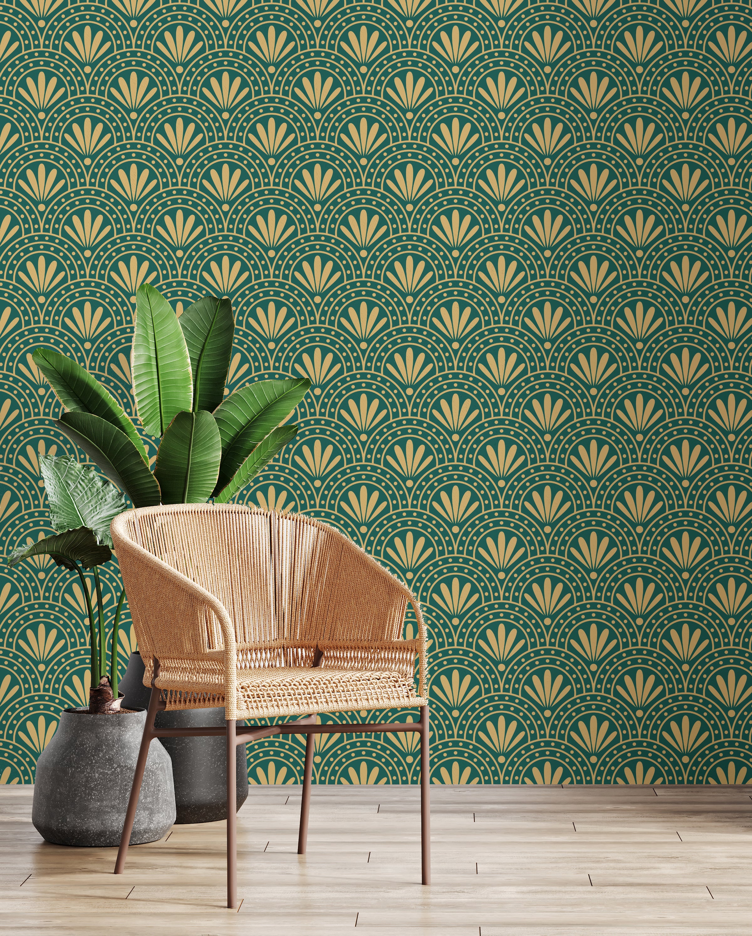 Art Deco Fan Wallpaper | Green Gold Peel And Stick Wall Decor