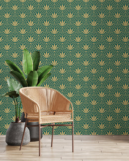 Art Deco Fan Wallpaper | Green Gold Peel And Stick Wall Decor