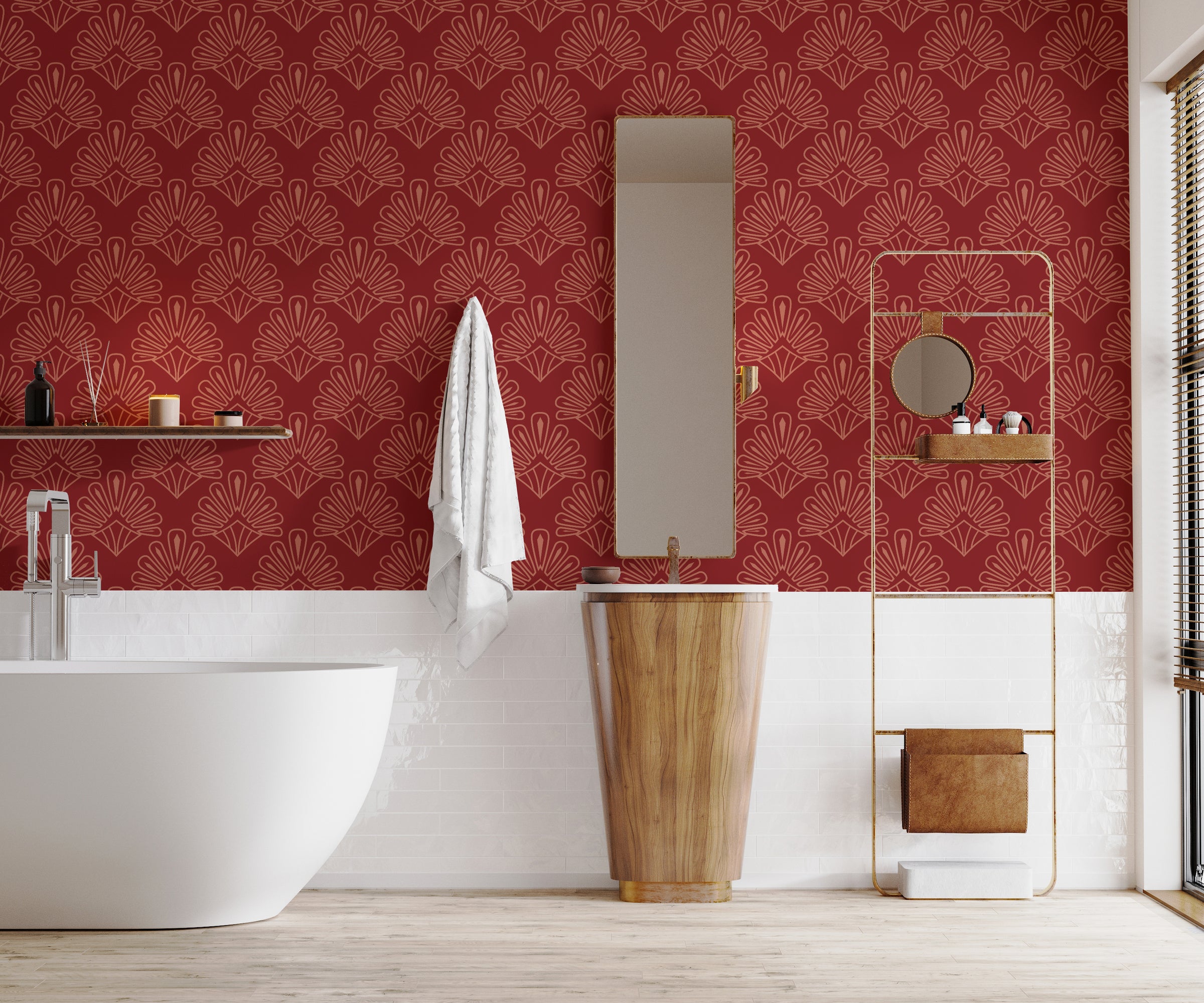 Art Deco Damask Design | Red Vintage Peel and Stick Wallpaper