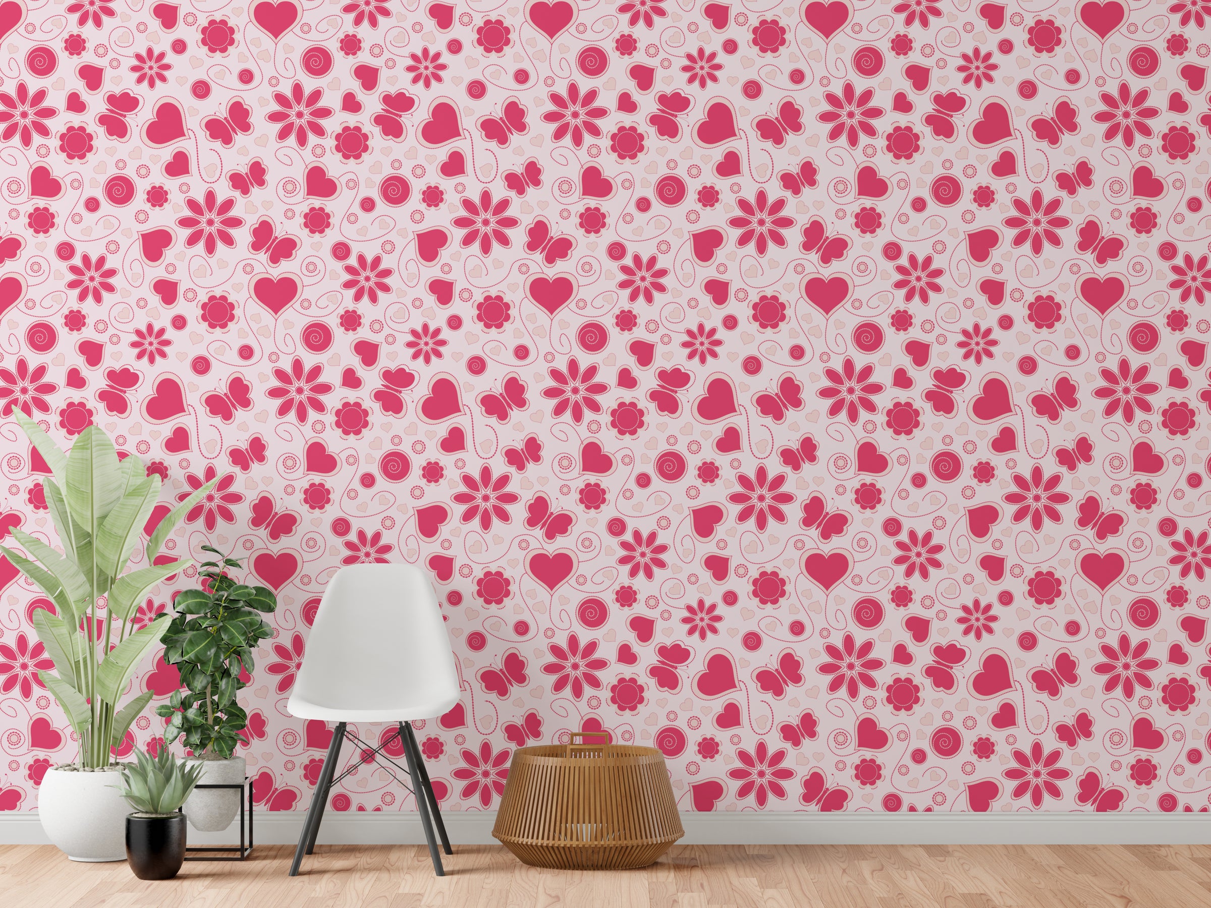 Pink Floral Heart Pattern Wallpaper | Bedroom Removable Home Decor