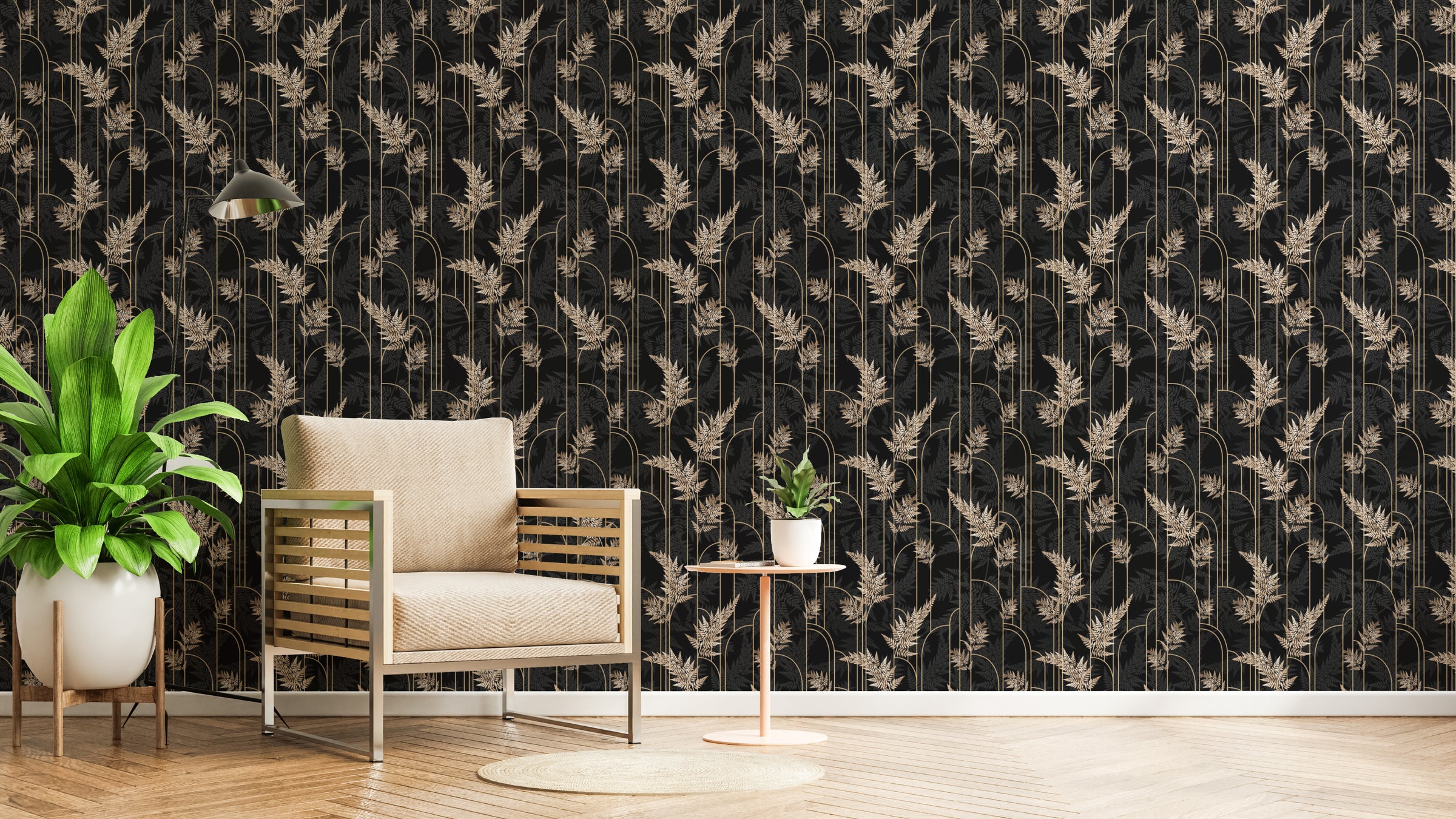 Art Deco Golden Fern Leaves Removable Wallpaper