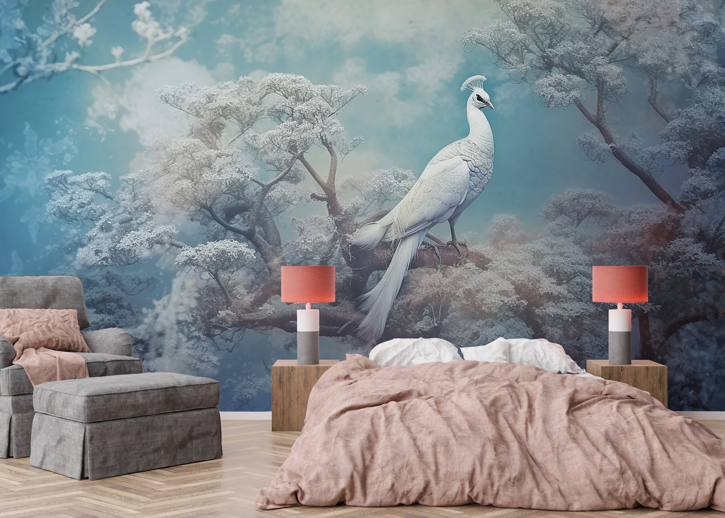 Winter Blue Forest Mural | White Peacock Art Removable Wallpaper