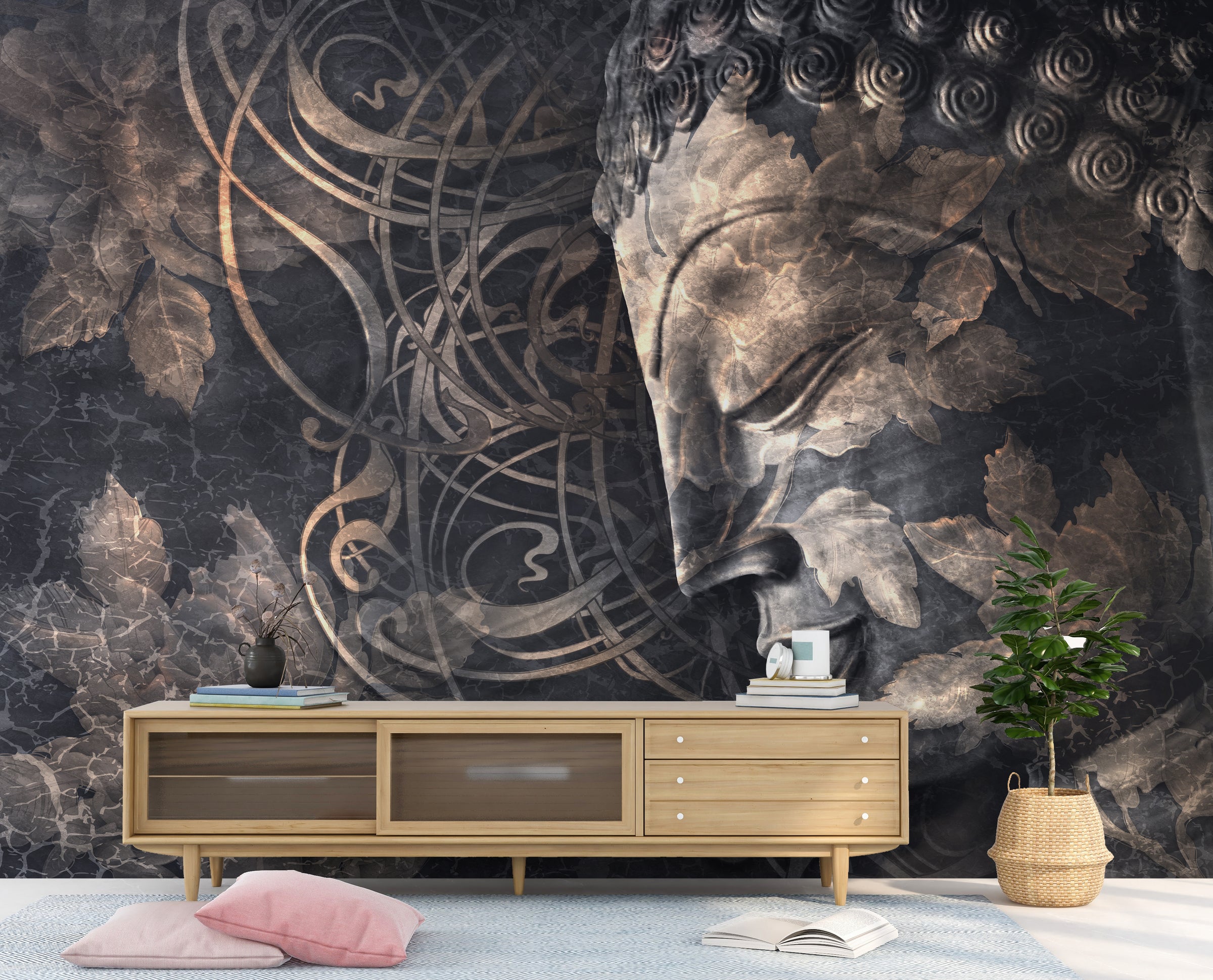 Luxury zen meditation wallpaper mural in black gold tones for elegant family room decor