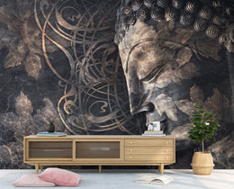 Luxury zen meditation wallpaper mural in black gold tones for elegant family room decor