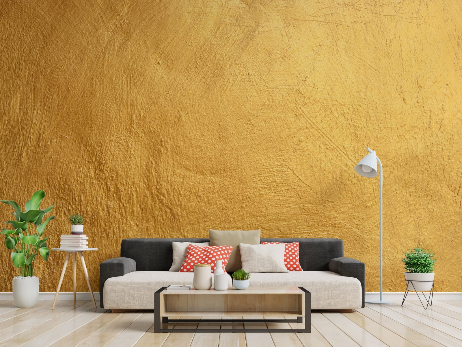Luxury mustard yellow wall mural with rough texture for stylish bedroom decor setup