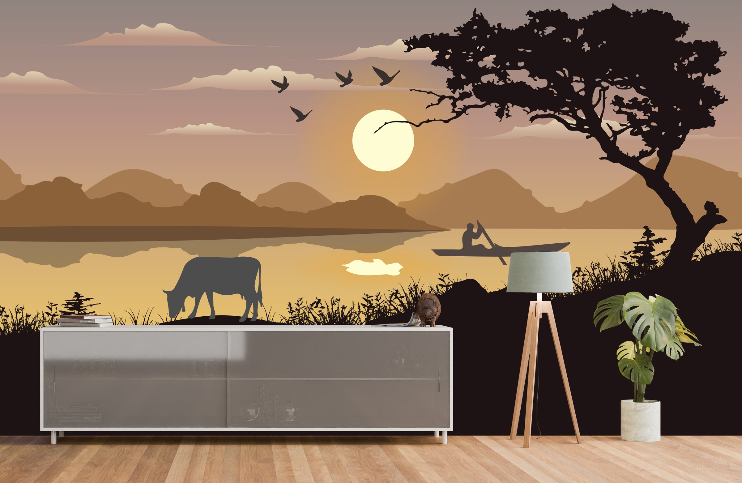 Striking sunset lake wallpaper with tree silhouette, deep orange tones, cozy lounge decor