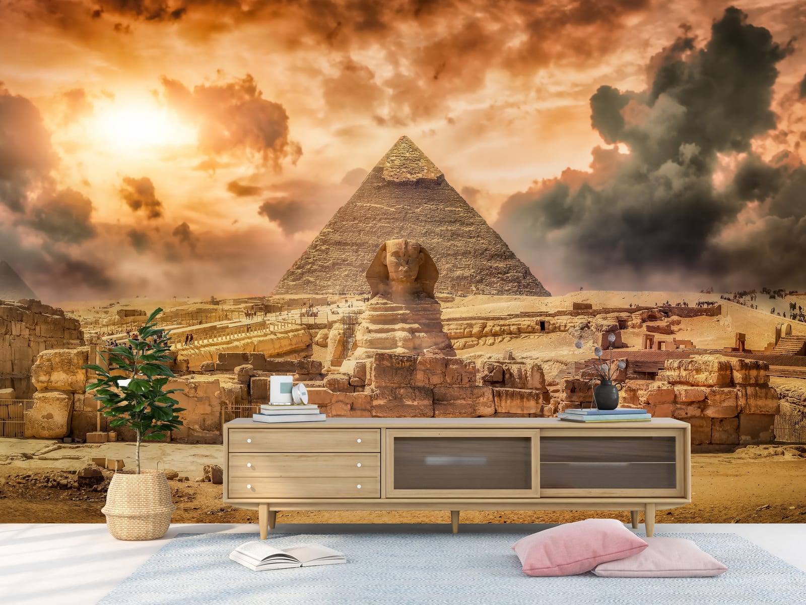 gyptian pyramid landscape wallpaper featuring historic Sphinx statue for bedroom wall
