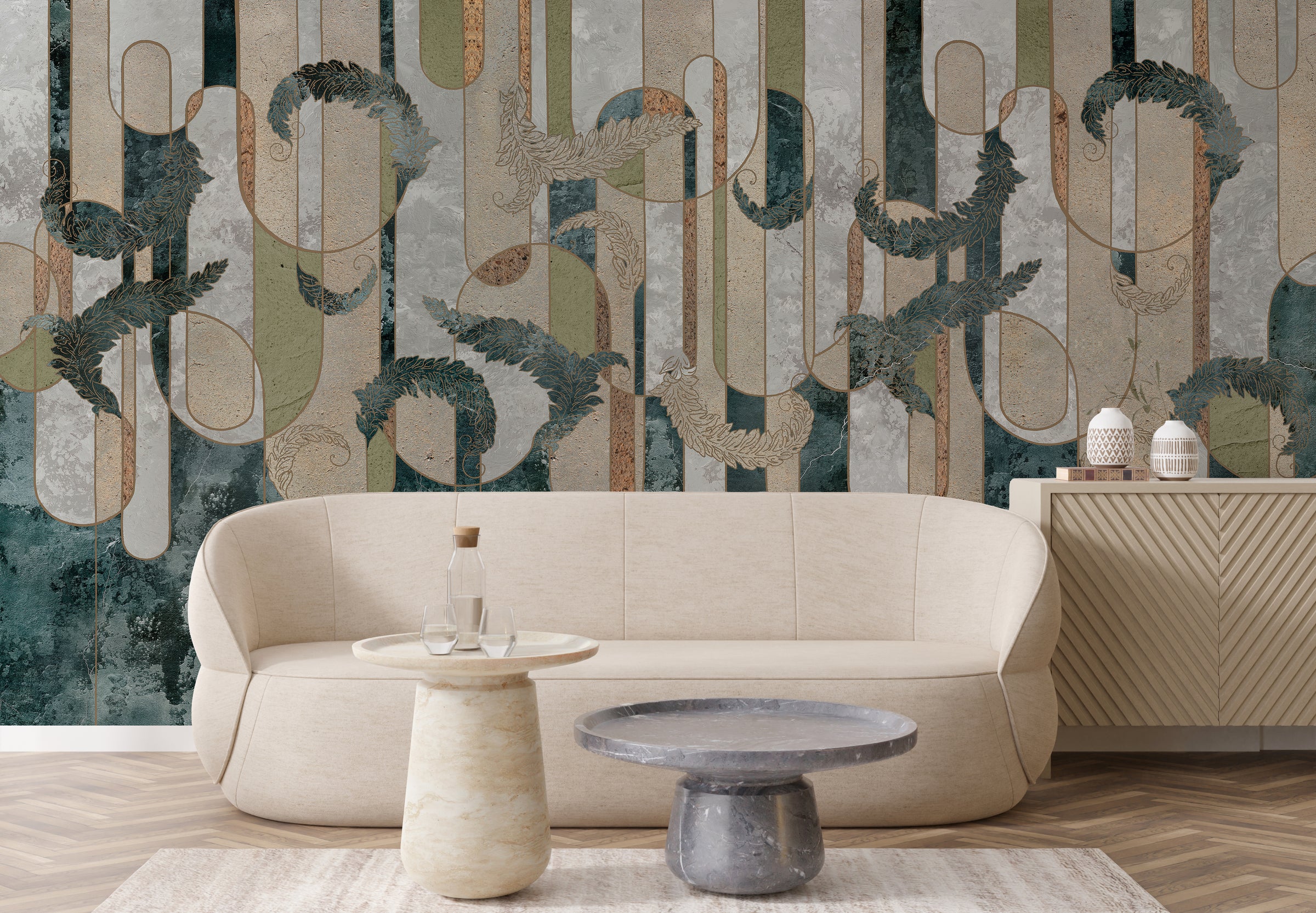 Abstract botanical wall mural with teal green textures enhancing modern living room decor