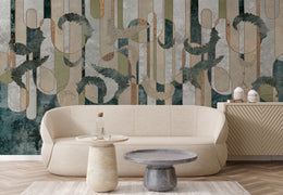 Abstract botanical wall mural with teal green textures enhancing modern living room decor
