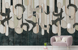 Abstract leaf wallpaper with structured line design, muted colors enhancing productive modern office environment