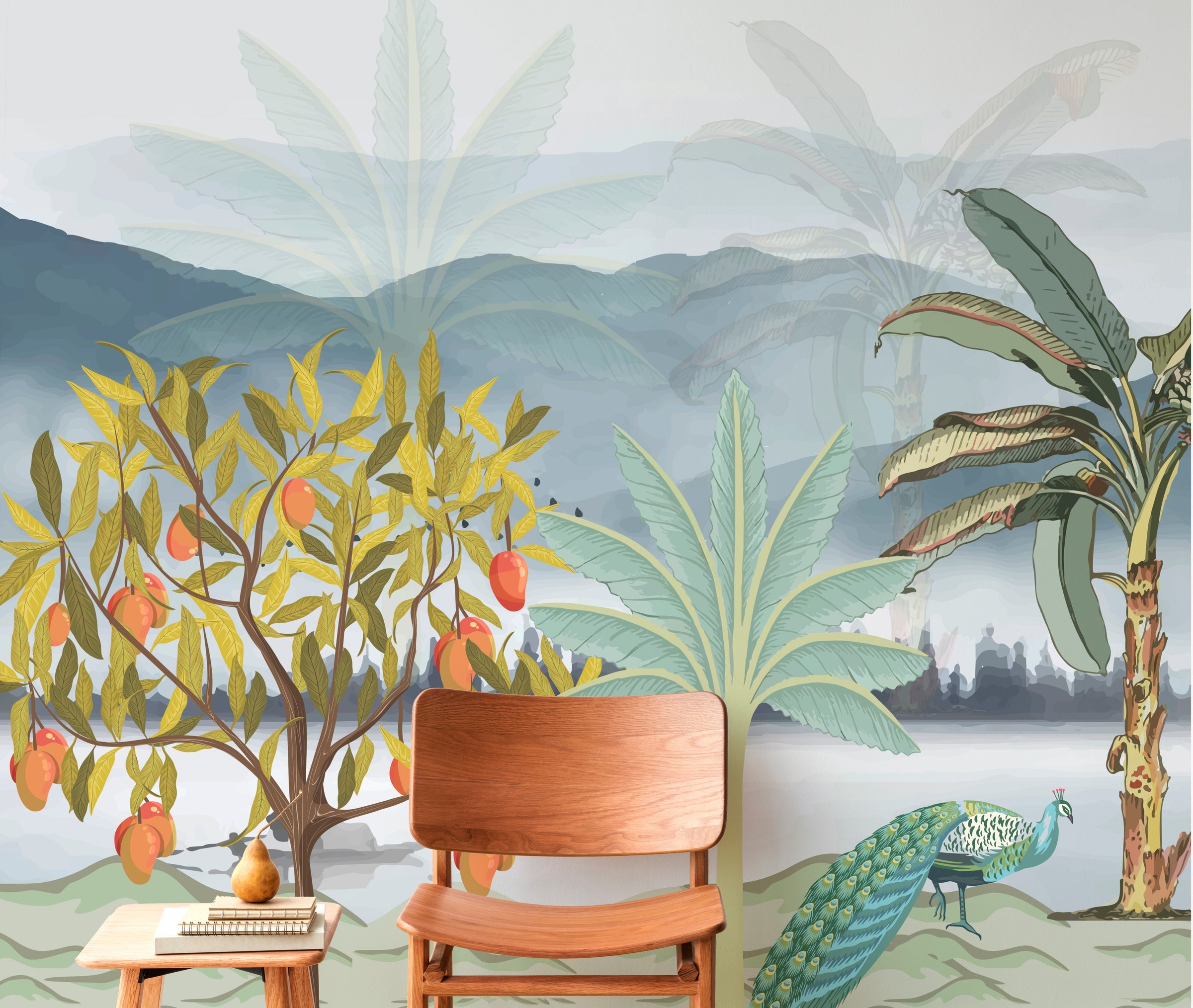 Botanical wall art with mango trees and muted tones for contemporary study area