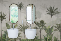 Calm jungle palm mural in neutral green palette for modern bathroom wall styling