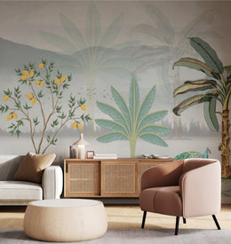 Stylish living room accent wall featuring soft green tropical lemon tree landscape, modern decor