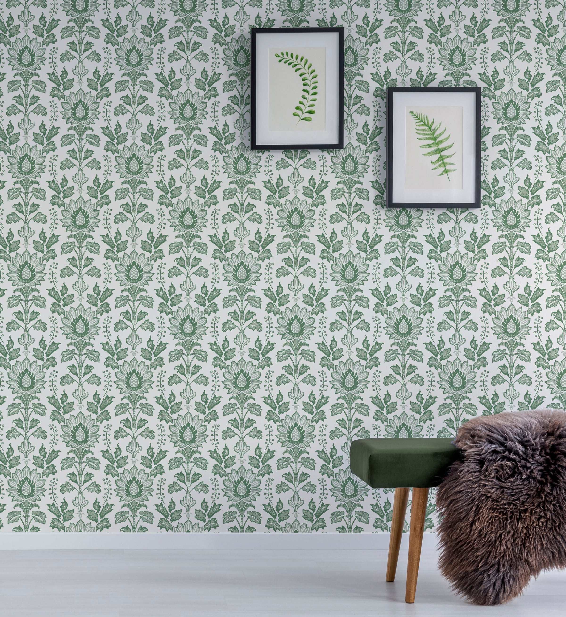 William Morris Style Floral Peel and Stick Wallpaper | Sage Green Bellflowers Wallpaper