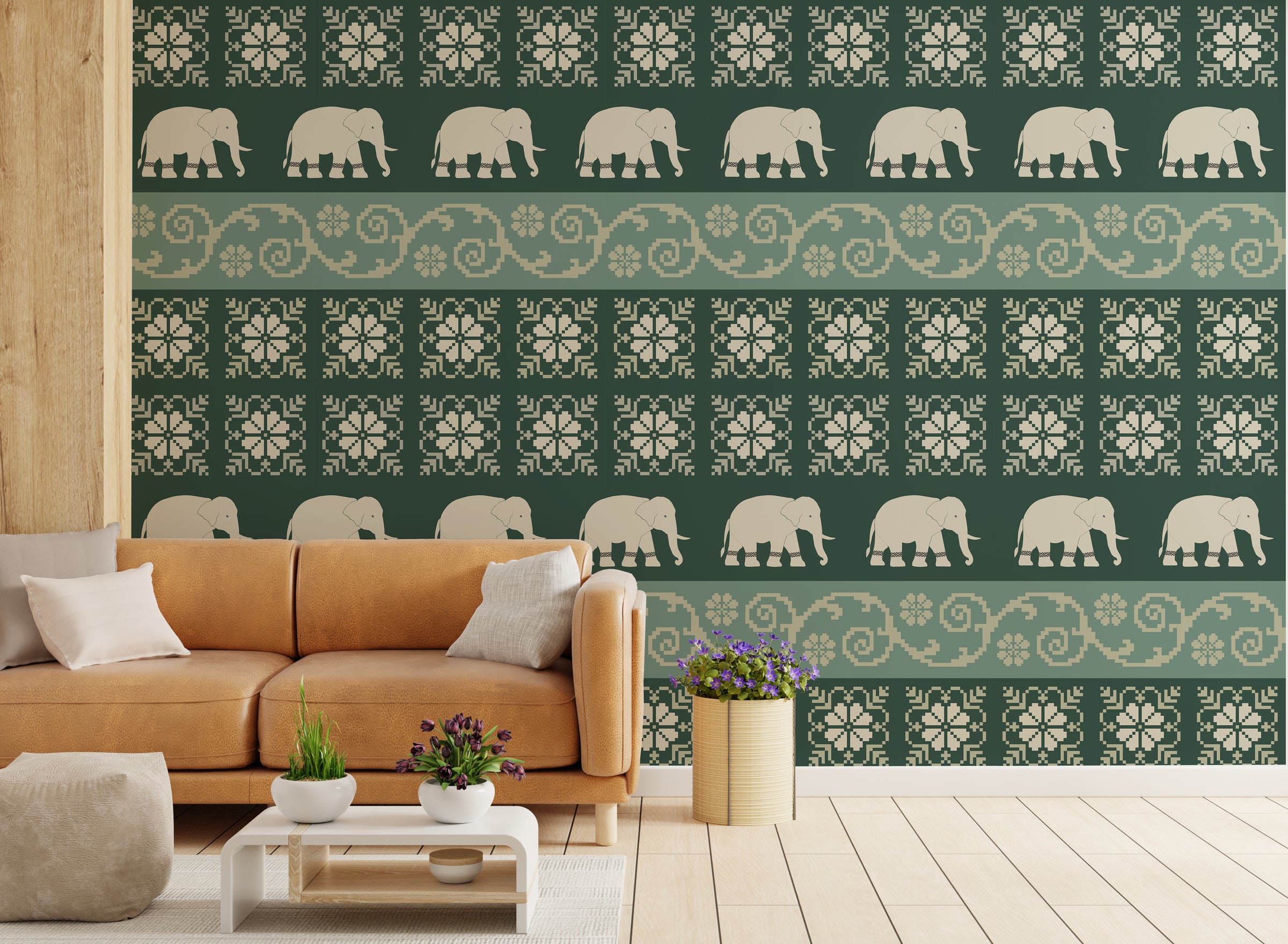 Dark green elephant wallpaper peel and stick design for stylish bedroom accent wall