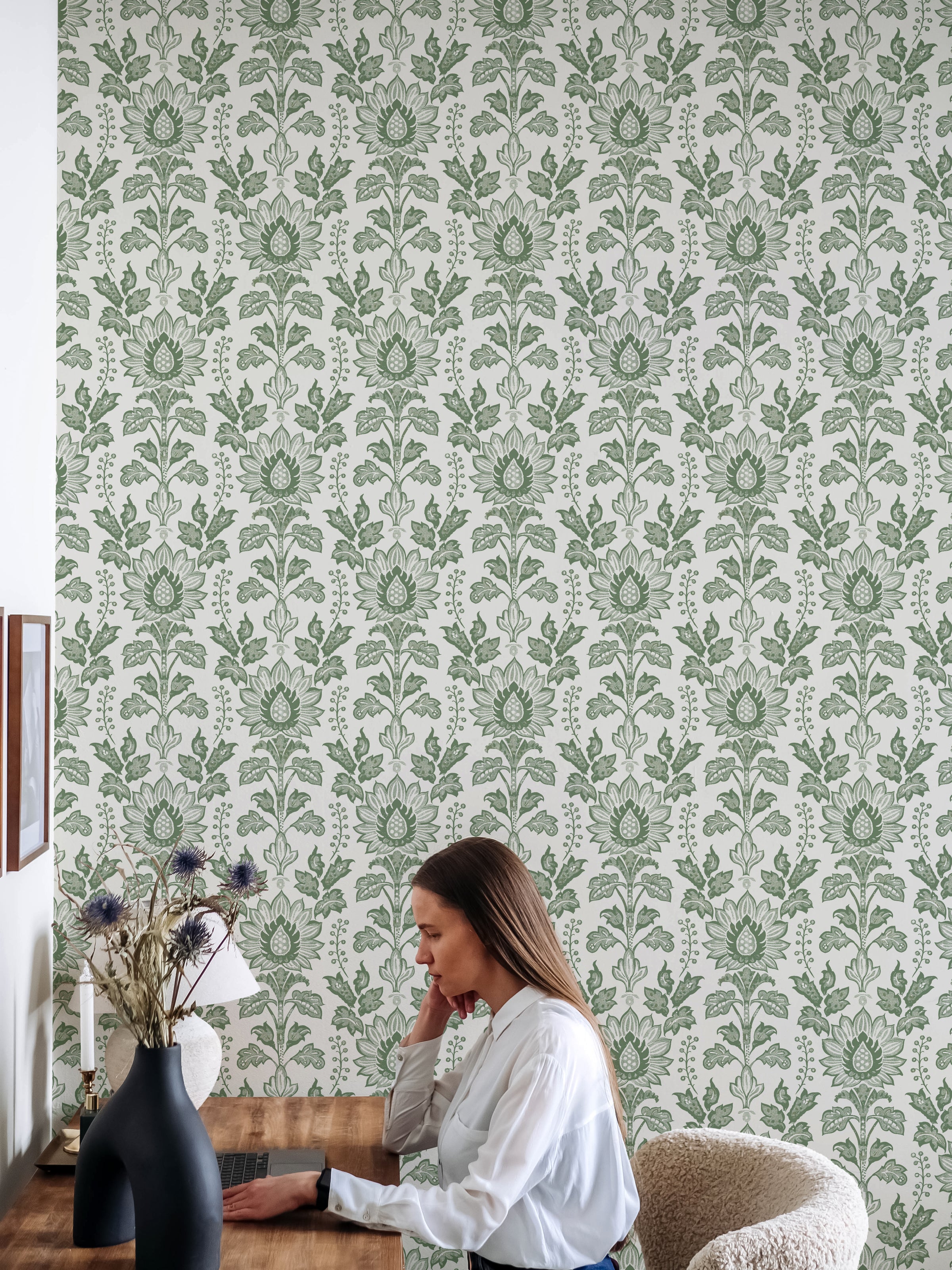 William Morris Style Floral Peel and Stick Wallpaper | Sage Green Bellflowers Wallpaper