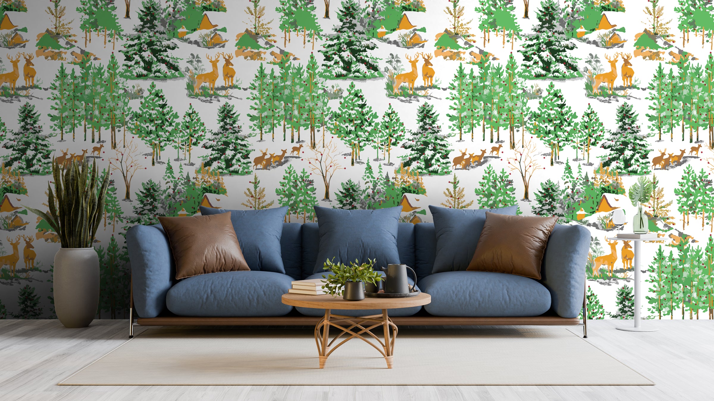 Forest wildlife wallpaper mural with green trees and deer, living room accent wall