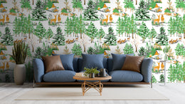 Forest wildlife wallpaper mural with green trees and deer, living room accent wall