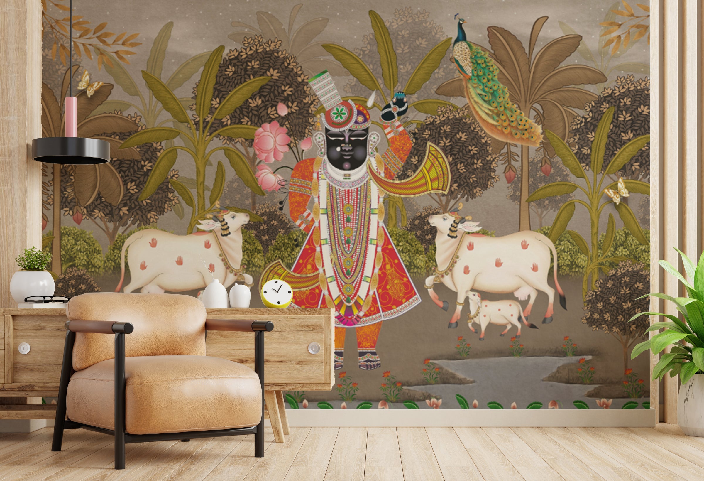Indian Pichwai Wallpaper | Shreenath Ji Art Pooja Room Peel Stick Wallpaper