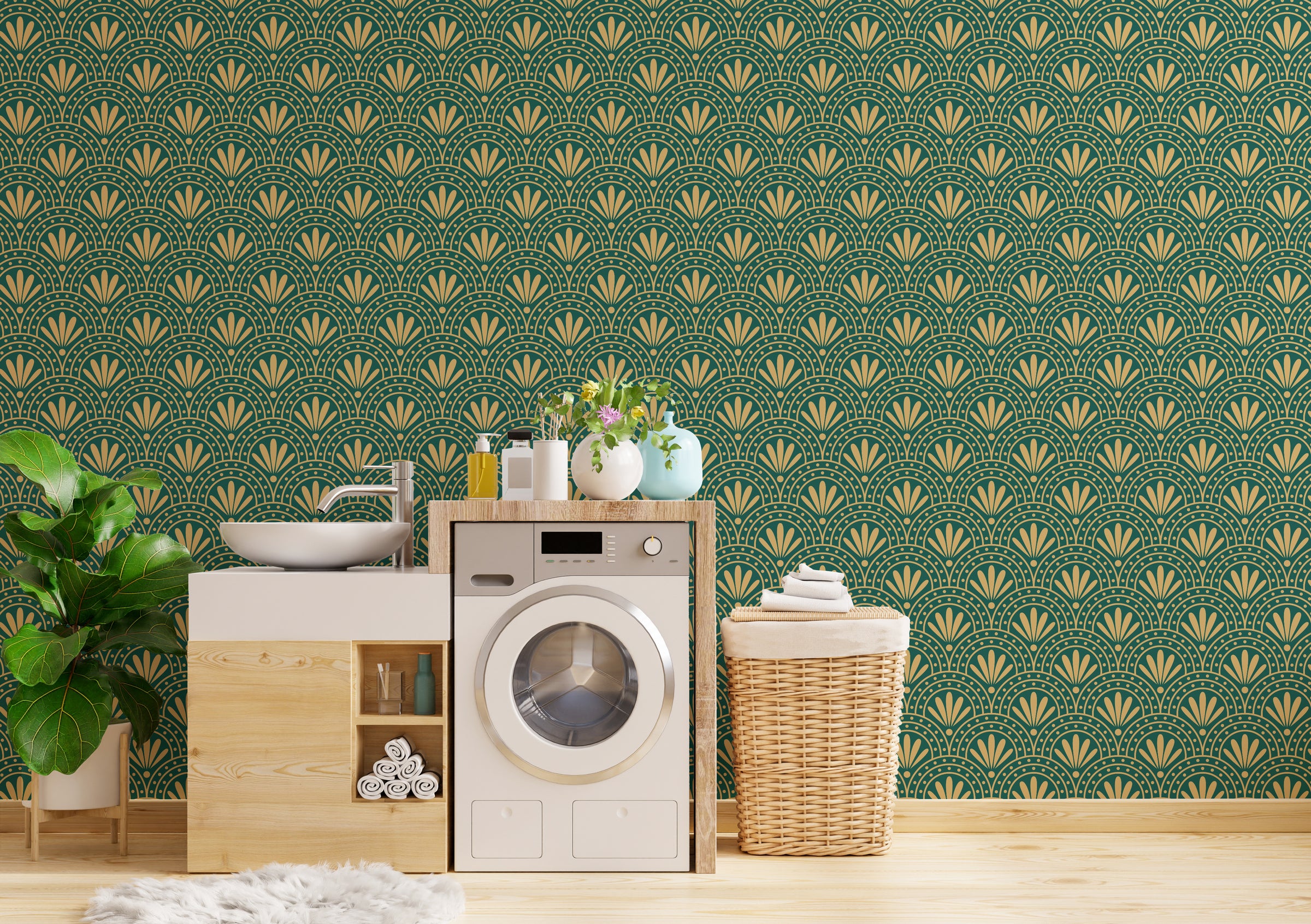 Art Deco Fan Wallpaper | Green Gold Peel And Stick Wall Decor
