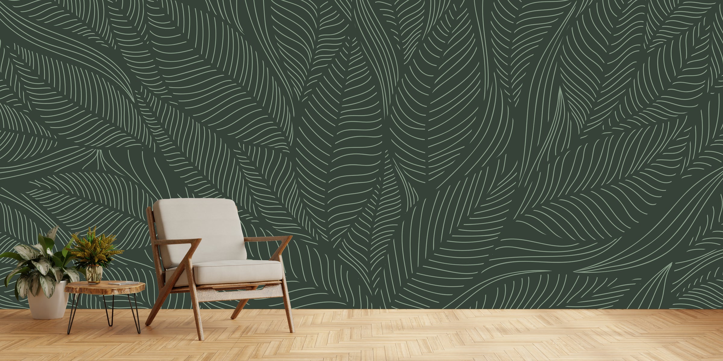 Green tropical leaf line art wallpaper for modern living room