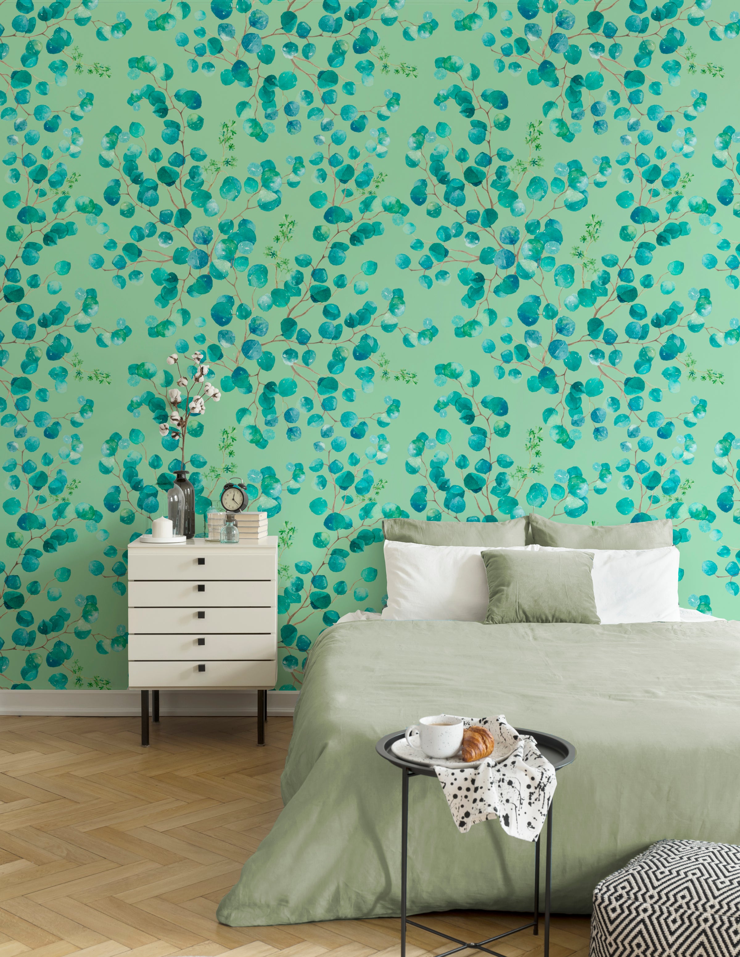 Watercolor Eucalyptus Leaf Design | Blue Green Foliage Peel and Stick Wallpaper