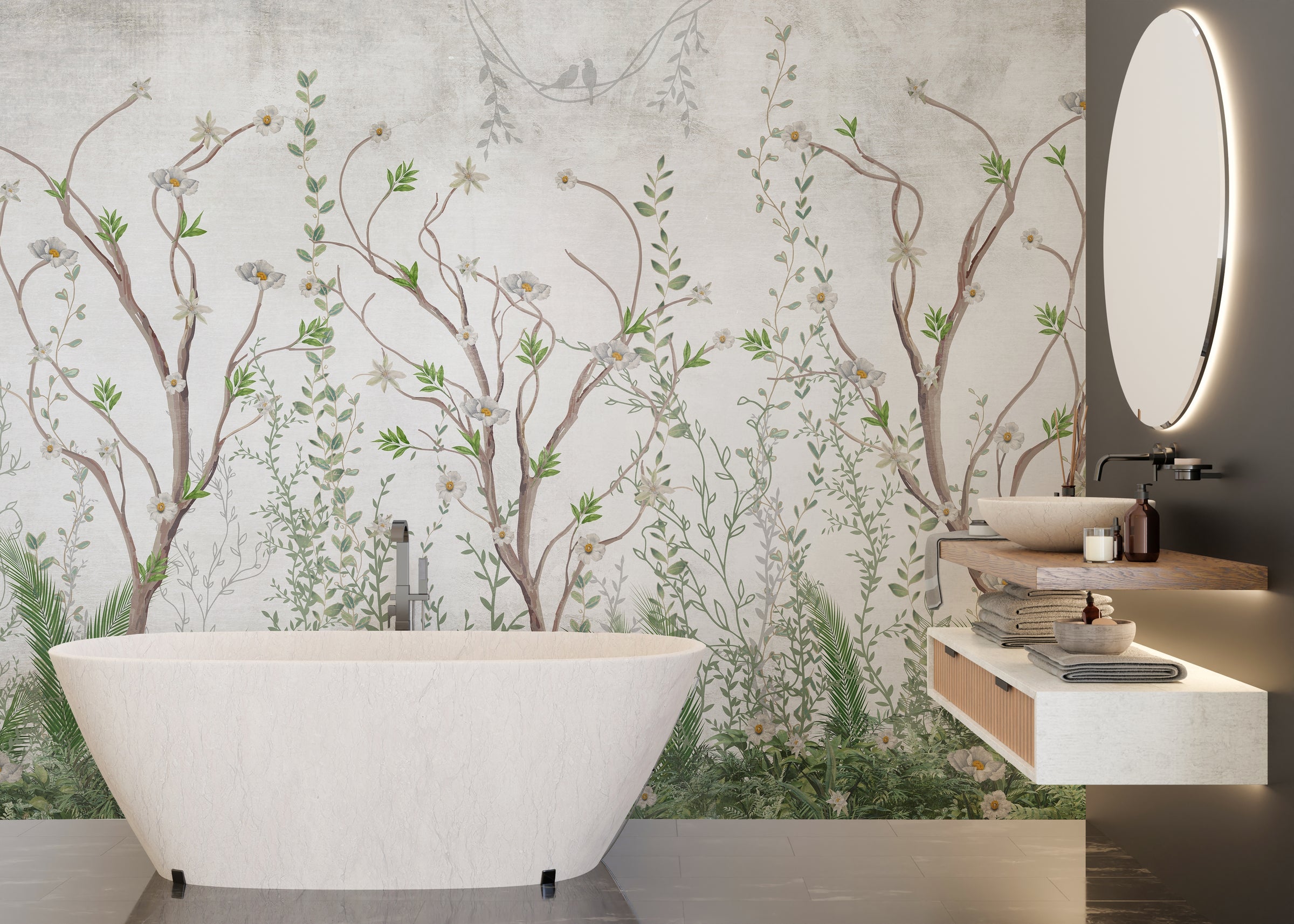 Hand Painted Chinoiserie Wallpaper | Botanical Tree Mural Removable Design
