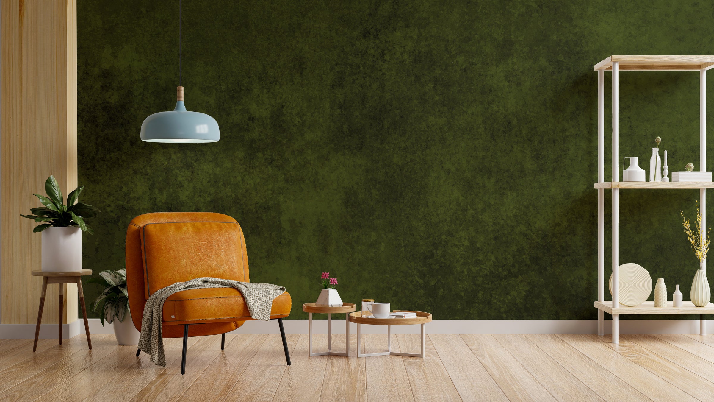 Olive green abstract wall mural with layered texture ideal for stylish dining space
