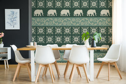 Elephant motif wallpaper dark green traditional style for dining wall decor