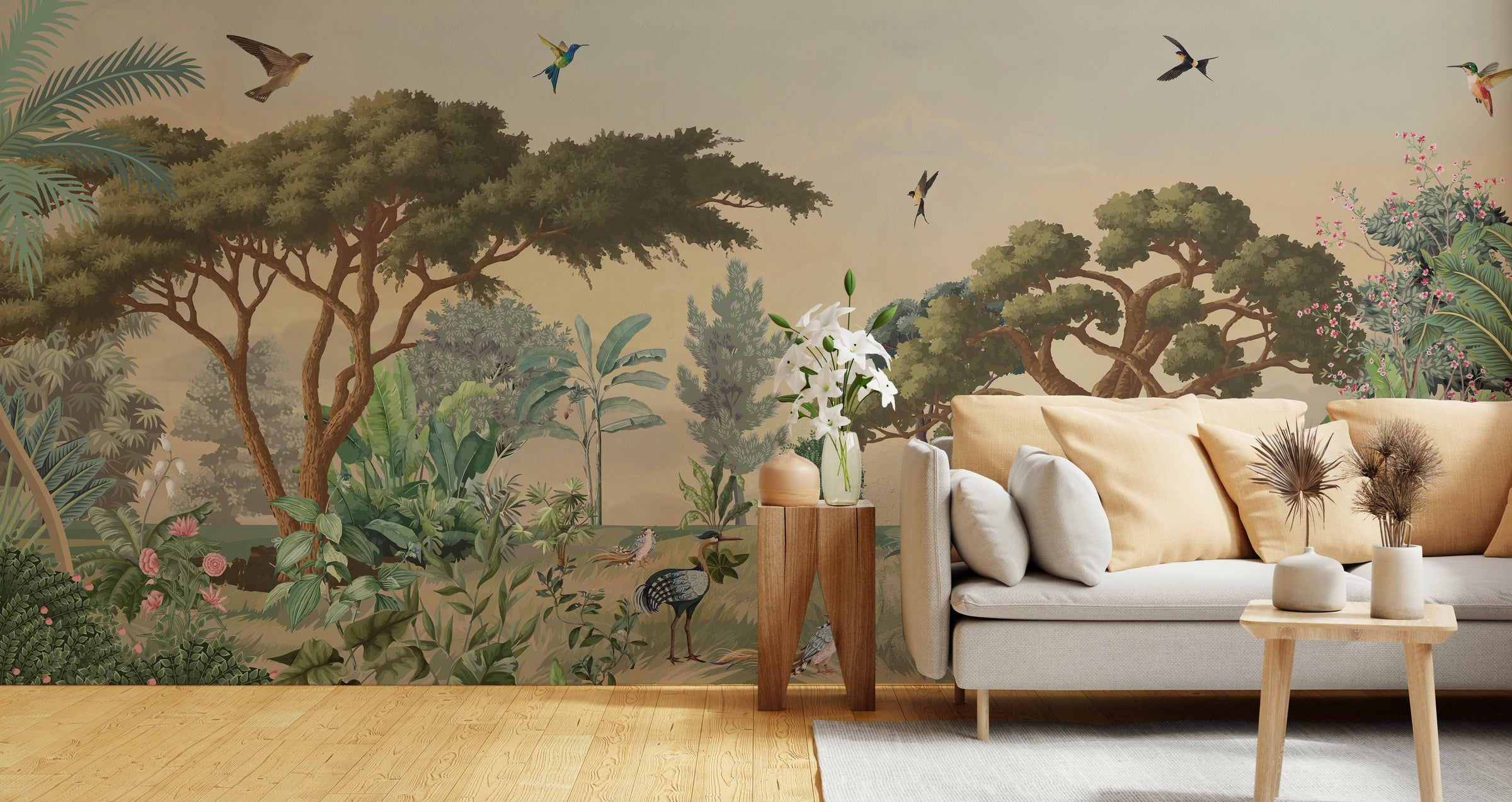 Tropical Jungle Landscape wall art in soft sage green tones for elegant living room decor