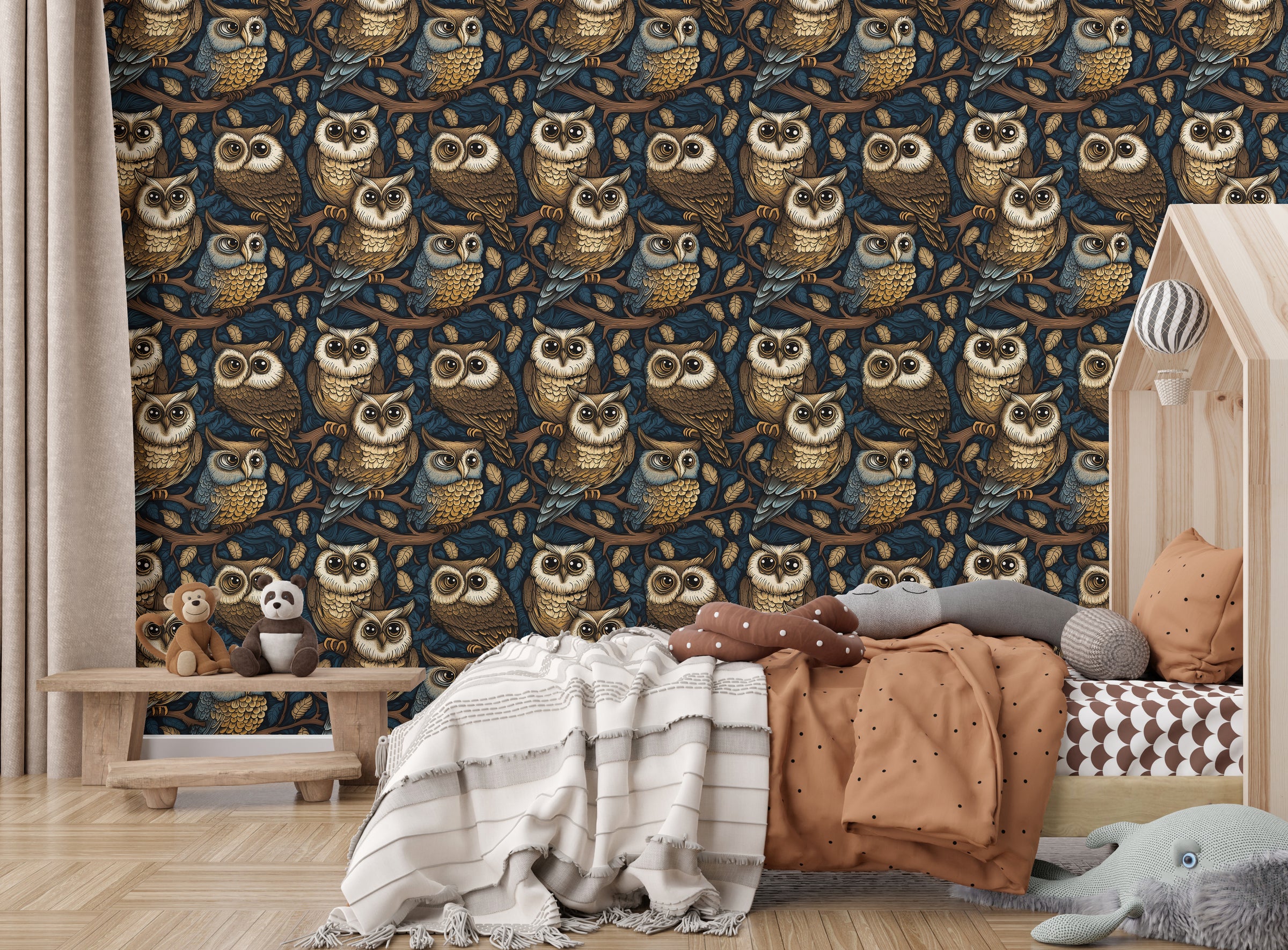 Dramatic woodland owl wallpaper with intricate bird design for statement children wall