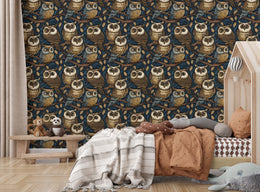 Dramatic woodland owl wallpaper with intricate bird design for statement children wall